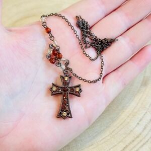 Cross collar Necklace VTG 1928 Co Copper jeweled rhinestone gold tone 19" 90s